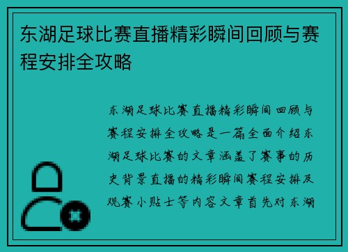 东湖足球比赛直播精彩瞬间回顾与赛程安排全攻略
